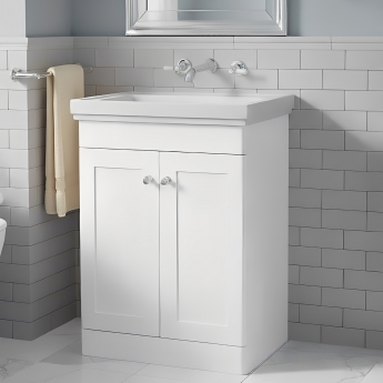 Nuie Classique Floor Standing 2-Door Vanity Unit with Classic Basin 600mm Wide Satin White - 0 Tap Hole