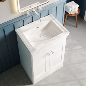 Nuie Classique Floor Standing 2-Door Vanity Unit with Classic Basin 600mm Wide Satin White - 0 Tap Hole | Product Image