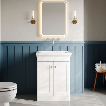 Nuie Classique Floor Standing 2-Door Vanity Unit with Classic Basin 600mm Wide Satin White - 0 Tap Hole | Product Image