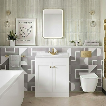 Nuie Classique Floor Standing 2-Door Vanity Unit with 1TH White Round Marble Top Basin 600mm Wide - Satin White