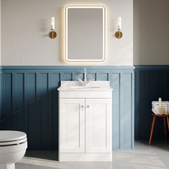 Nuie Classique Floor Standing 2-Door Vanity Unit with 1TH White Round Marble Top Basin 600mm Wide - Satin White | Product Image