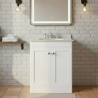 Nuie Classique Floor Standing 2-Door Vanity Unit with 3TH White Round Marble Top Basin 600mm Wide - Satin White