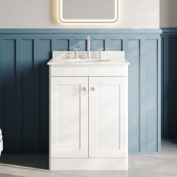 Nuie Classique Floor Standing 2-Door Vanity Unit with 3TH White Round Marble Top Basin 600mm Wide - Satin White | Product Image