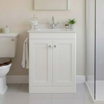 Nuie Classique Floor Standing 2-Door Vanity Unit with 1TH White Square Marble Top Basin 600mm Wide - Satin White