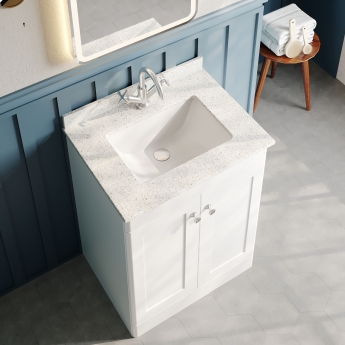 Nuie Classique Floor Standing 2-Door Vanity Unit with 1TH White Square Marble Top Basin 600mm Wide - Satin White | Product Image
