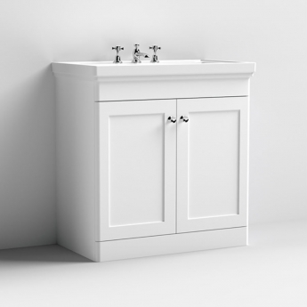 Nuie Classique Floor Standing 2-Door Vanity Unit with Basin 800mm Wide Satin White - 3 Tap Hole
