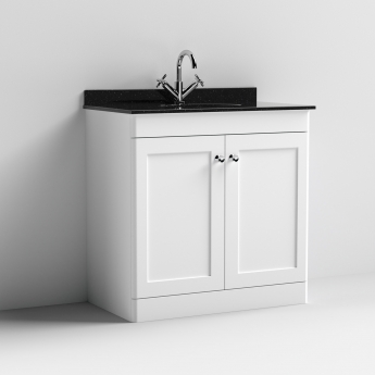 Nuie Classique Floor Standing 2-Door Vanity Unit with 1TH Black Marble Top Basin 800mm Wide - Satin White