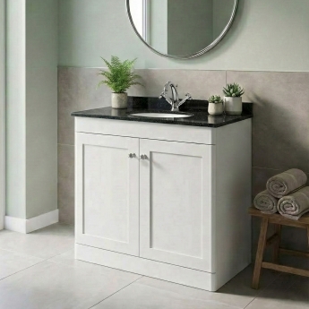 Nuie Classique Floor Standing 2-Door Vanity Unit with 1TH Black Marble Top Basin 800mm Wide - Satin White