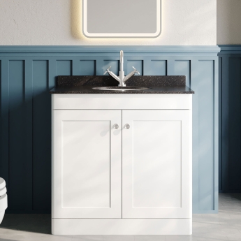 Nuie Classique Floor Standing 2-Door Vanity Unit with 1TH Black Marble Top Basin 800mm Wide - Satin White | Product Image
