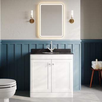 Nuie Classique Floor Standing 2-Door Vanity Unit with 1TH Black Marble Top Basin 800mm Wide - Satin White | Product Image