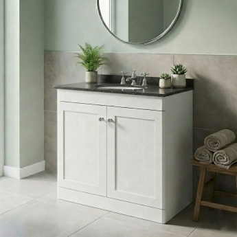 Nuie Classique Floor Standing 2-Door Vanity Unit with 3TH Black Marble Top Basin 800mm Wide - Satin White