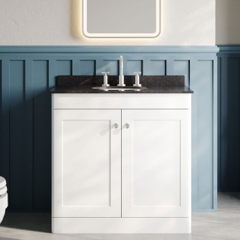 Nuie Classique Floor Standing 2-Door Vanity Unit with 3TH Black Marble Top Basin 800mm Wide - Satin White | Product Image