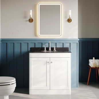 Nuie Classique Floor Standing 2-Door Vanity Unit with 3TH Black Marble Top Basin 800mm Wide - Satin White | Product Image