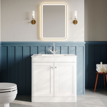 Nuie Classique Floor Standing 2-Door Vanity Unit with 1TH Minimalist Basin 800mm Wide - Satin White | Product Image