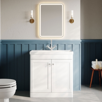 Nuie Classique Floor Standing 2-Door Vanity Unit with 1TH Thin-Edge Basin 800mm Wide - Satin White | Product Image