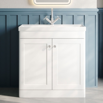 Nuie Classique Floor Standing 2-Door Vanity Unit with 1TH Thin-Edge Basin 800mm Wide - Satin White | Product Image