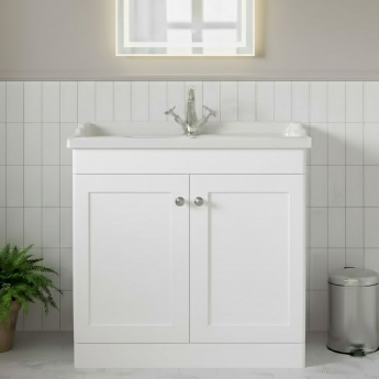 Nuie Classique Floor Standing 2-Door Vanity Unit with Traditional Basin 800mm Wide Satin White - 1 Tap Hole