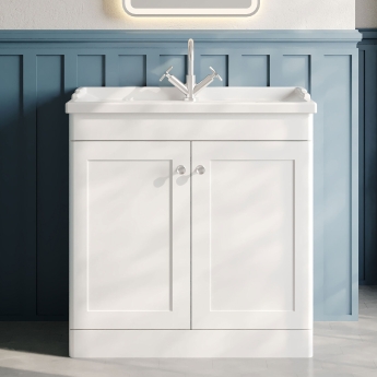 Nuie Classique Floor Standing 2-Door Vanity Unit with Traditional Basin 800mm Wide Satin White - 1 Tap Hole | Product Image
