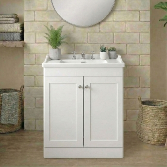 Nuie Classique Floor Standing 2-Door Vanity Unit with Traditional Basin 800mm Wide Satin White - 3 Tap Hole