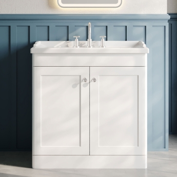 Nuie Classique Floor Standing 2-Door Vanity Unit with Traditional Basin 800mm Wide Satin White - 3 Tap Hole | Product Image
