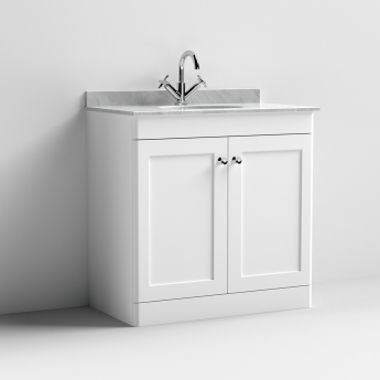 Nuie Classique Floor Standing 2-Door Vanity Unit with 1TH Grey Marble Top Basin 800mm Wide - Satin White