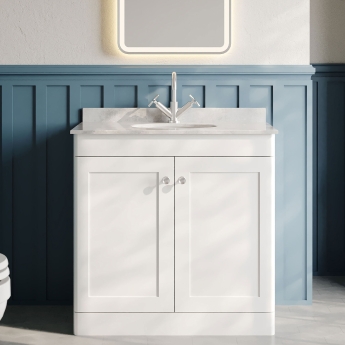 Nuie Classique Floor Standing 2-Door Vanity Unit with 1TH Grey Marble Top Basin 800mm Wide - Satin White | Product Image