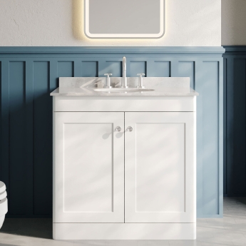 Nuie Classique Floor Standing 2-Door Vanity Unit with 3TH Grey Marble Top Basin 800mm Wide - Satin White | Product Image