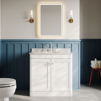 Nuie Classique Floor Standing 2-Door Vanity Unit with 3TH Grey Marble Top Basin 800mm Wide - Satin White | Product Image