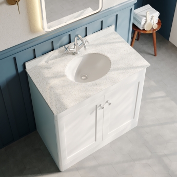 Nuie Classique Floor Standing 2-Door Vanity Unit with 1TH White Round Marble Top Basin 800mm Wide - Satin White | Product Image