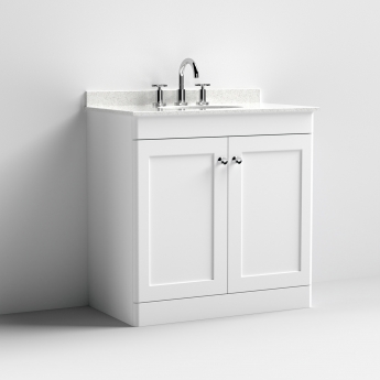 Nuie Classique Floor Standing 2-Door Vanity Unit with 3TH White Round Marble Top Basin 800mm Wide - Satin White