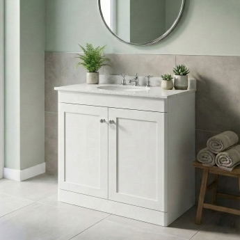 Nuie Classique Floor Standing 2-Door Vanity Unit with 3TH White Round Marble Top Basin 800mm Wide - Satin White
