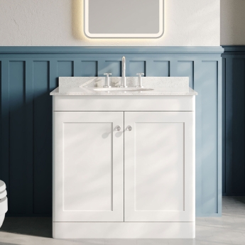Nuie Classique Floor Standing 2-Door Vanity Unit with 3TH White Round Marble Top Basin 800mm Wide - Satin White | Product Image
