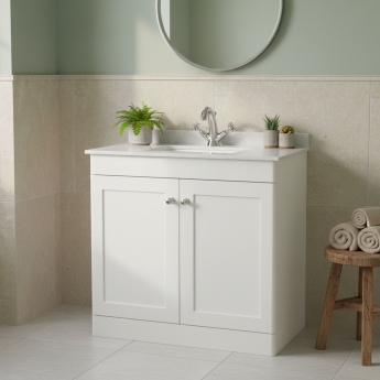Nuie Classique Floor Standing 2-Door Vanity Unit with 1TH White Square Marble Top Basin 800mm Wide - Satin White
