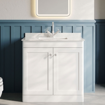 Nuie Classique Floor Standing 2-Door Vanity Unit with 1TH White Square Marble Top Basin 800mm Wide - Satin White | Product Image