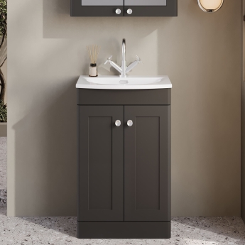 Nuie Classique Floor Standing 2-Door Vanity Unit with Curved Basin 500mm Wide - Satin Anthracite | Product Image
