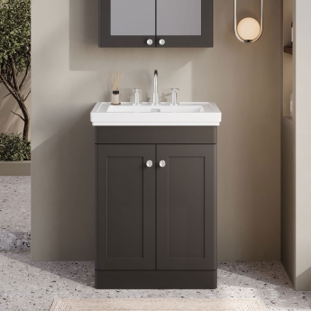 Nuie Classique Floor Standing 2-Door Vanity Unit with Basin 600mm Wide Satin Anthracite - 3 Tap Hole | Product Image