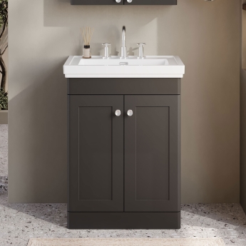 Nuie Classique Floor Standing 2-Door Vanity Unit with Basin 600mm Wide Satin Anthracite - 3 Tap Hole | Product Image