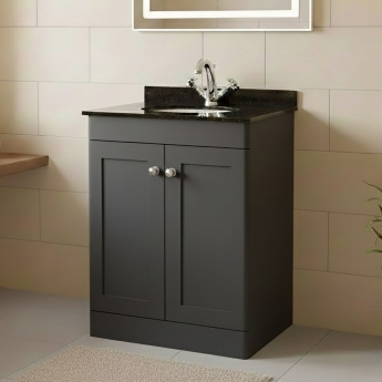 Nuie Classique Floor Standing 2-Door Vanity Unit with 1TH Black Marble Top Basin 600mm Wide - Satin Anthracite