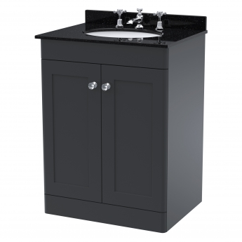 Nuie Classique Floor Standing 2-Door Vanity Unit with 3TH Black Marble Top Basin 600mm Wide - Satin Anthracite