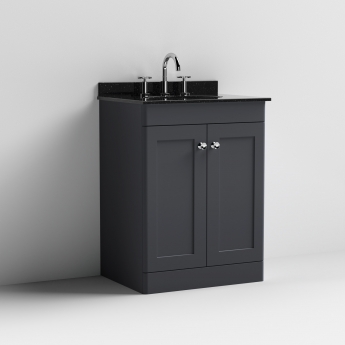 Nuie Classique Floor Standing 2-Door Vanity Unit with 3TH Black Marble Top Basin 600mm Wide - Satin Anthracite