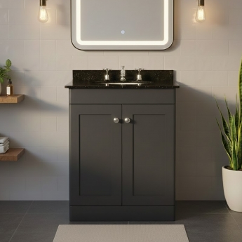 Nuie Classique Floor Standing 2-Door Vanity Unit with 3TH Black Marble Top Basin 600mm Wide - Satin Anthracite