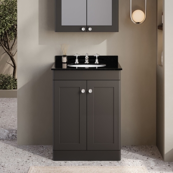Nuie Classique Floor Standing 2-Door Vanity Unit with 3TH Black Marble Top Basin 600mm Wide - Satin Anthracite | Product Image