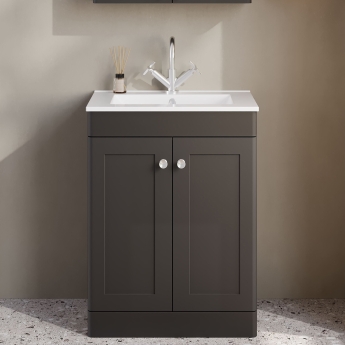 Nuie Classique Floor Standing 2-Door Vanity Unit with 1TH Minimalist Basin 600mm Wide - Satin Anthracite | Product Image