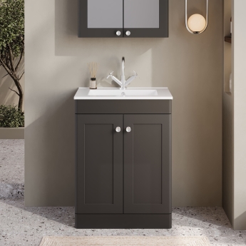 Nuie Classique Floor Standing 2-Door Vanity Unit with 1TH Minimalist Basin 600mm Wide - Satin Anthracite | Product Image
