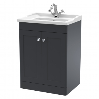 Nuie Classique Floor Standing 2-Door Vanity Unit with Traditional Basin 600mm Wide Satin Anthracite - 1 Tap Hole