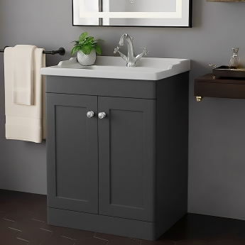 Nuie Classique Floor Standing 2-Door Vanity Unit with Traditional Basin 600mm Wide Satin Anthracite - 1 Tap Hole