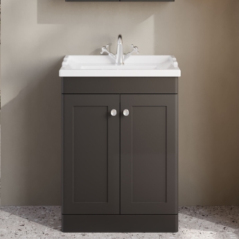 Nuie Classique Floor Standing 2-Door Vanity Unit with Traditional Basin 600mm Wide Satin Anthracite - 1 Tap Hole | Product Image