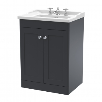 Nuie Classique Floor Standing 2-Door Vanity Unit with Traditional Basin 600mm Wide Satin Anthracite - 3 Tap Hole