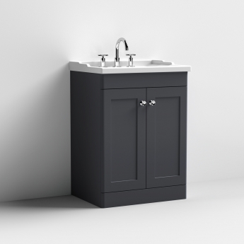 Nuie Classique Floor Standing 2-Door Vanity Unit with Traditional Basin 600mm Wide Satin Anthracite - 3 Tap Hole