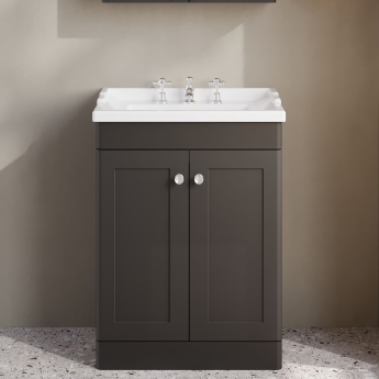 Nuie Classique Floor Standing 2-Door Vanity Unit with Traditional Basin 600mm Wide Satin Anthracite - 3 Tap Hole | Product Image